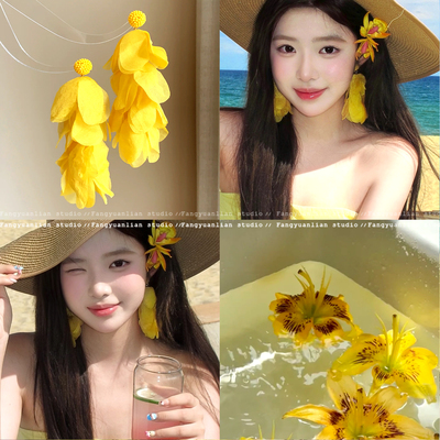 氛围感黄色花朵流苏耳夹女无耳洞