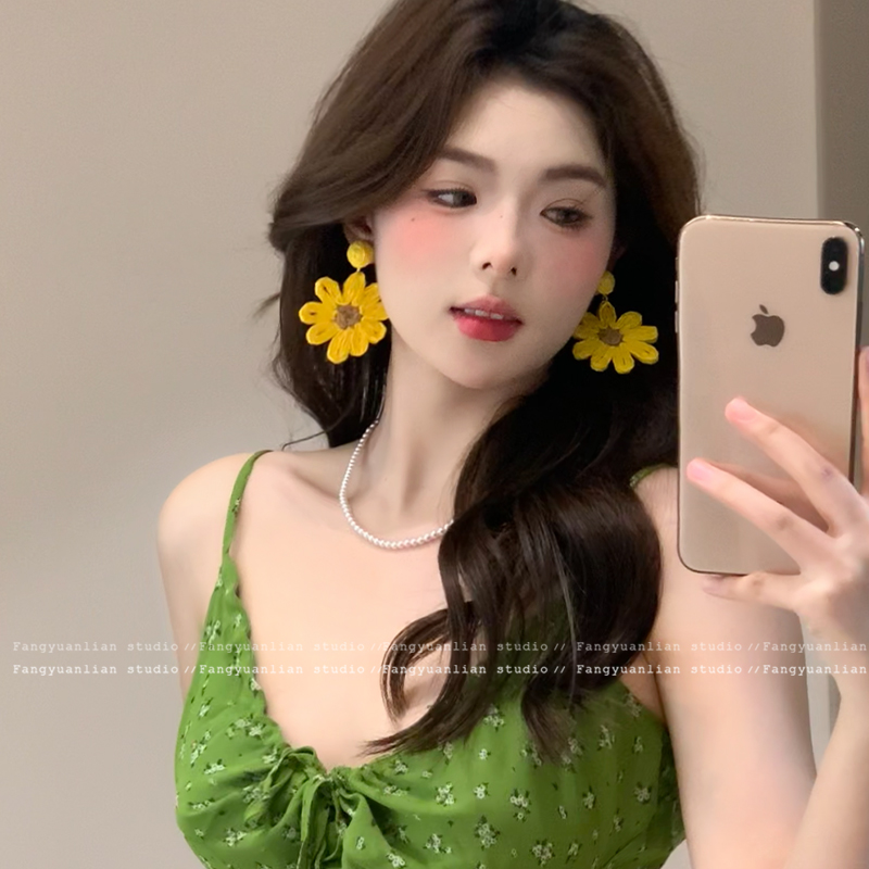 向日葵耳环女夸张手工编织耳饰