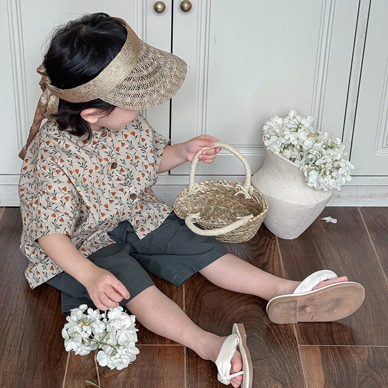 暮晨家新款夏装2025男童碎花短袖衬衫宝宝森系复古国风衬衣开衫薄