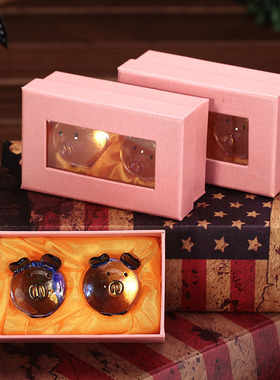 Q萌可爱招财猪摆件创意迷你水晶玻璃两只小猪工艺品情人节日礼物