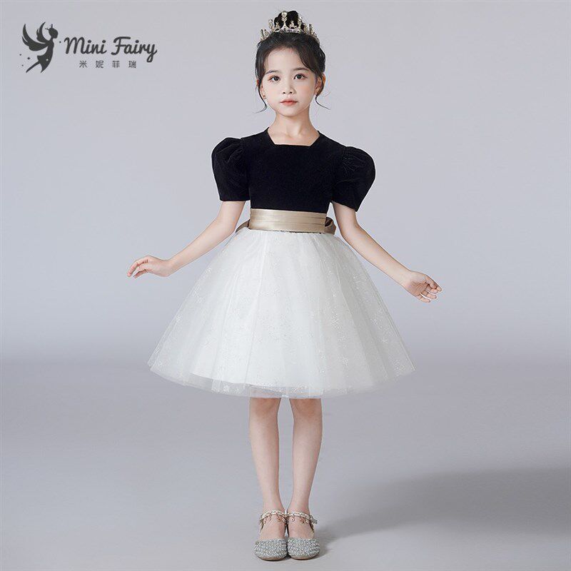 儿童高端合唱团演出服女童黑白网纱蓬蓬公主裙洋气钢琴比赛礼服裙