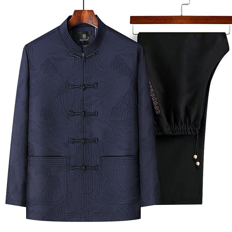 中老年人爸爸装春秋款夹克唐装男中国风汉服外套爷爷休闲老人套装