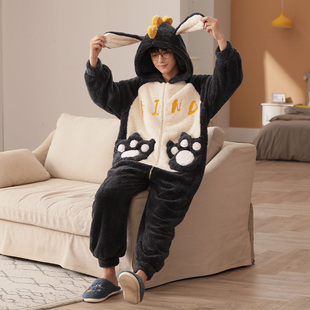 睡衣男冬季连体睡裤珊瑚绒保暖加绒加厚冬天可爱卡通法兰绒家居服