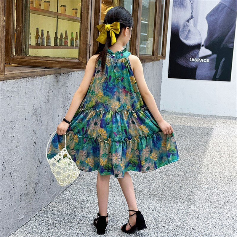 女童裙子夏季2024新款大童夏装公主度假吊带海边连衣裙儿童蛋糕裙