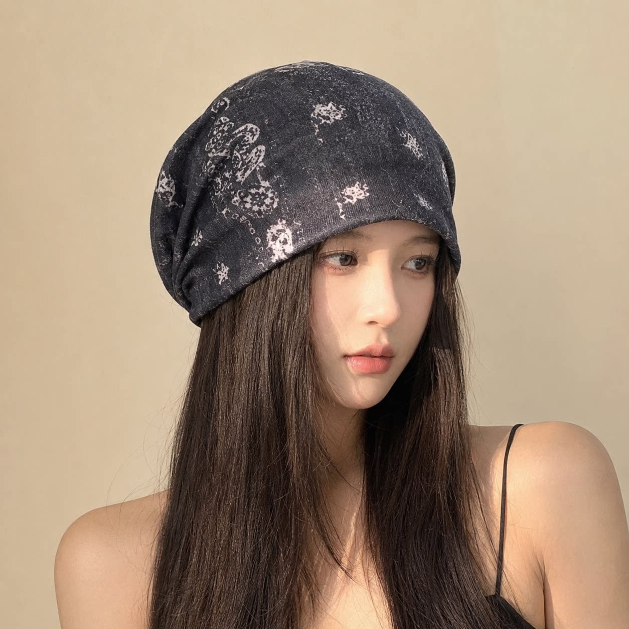 复古印花堆堆帽女透气显脸小