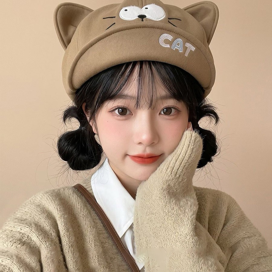 帽子女新款卡通耳朵甜美八角帽户外休闲翻沿时尚秋冬季字母贝雷帽
