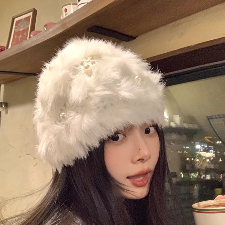 兔毛加厚帽子女秋冬季显脸小毛茸茸毛绒帽保暖珍珠皮草渔夫帽