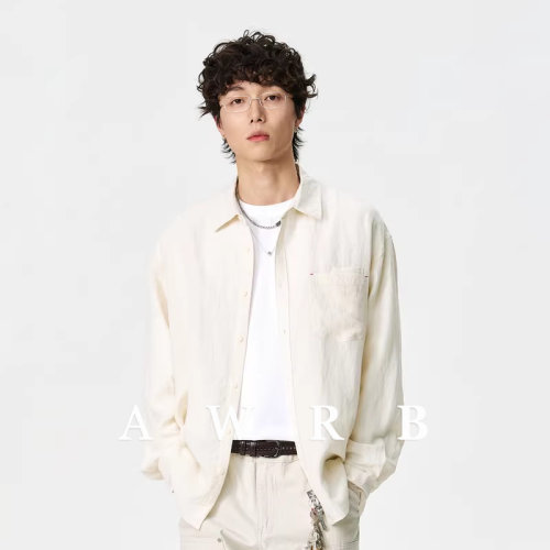 AWRB美式纯色简约亚麻长袖衬衫男春季新款慵懒休闲宽松薄款衬衣