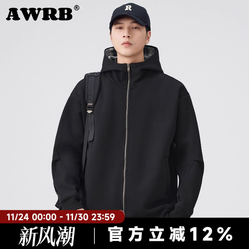 AWRB美式重磅连帽开衫卫衣春秋格子宽松外套慵懒风撞色休闲上衣