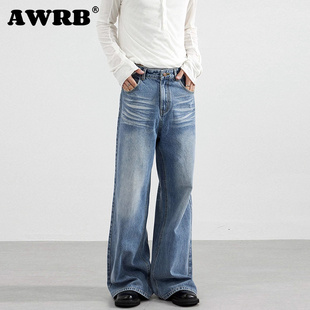 子 男宽松阔腿直筒老爹拖地裤 AWRB美式 复古水洗折痕春秋做旧牛仔裤
