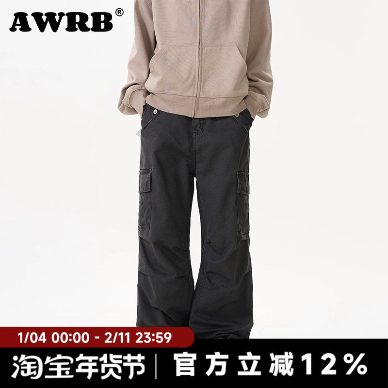AWRB美式复古多口袋潮牌长裤男直筒宽松百搭褶皱高街休闲工装裤,男装,休闲裤,淘宝优惠券,粉丝福利购,淘宝优惠卷