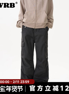 AWRB美式复古多口袋潮牌长裤男直筒宽松百搭褶皱高街休闲工装裤