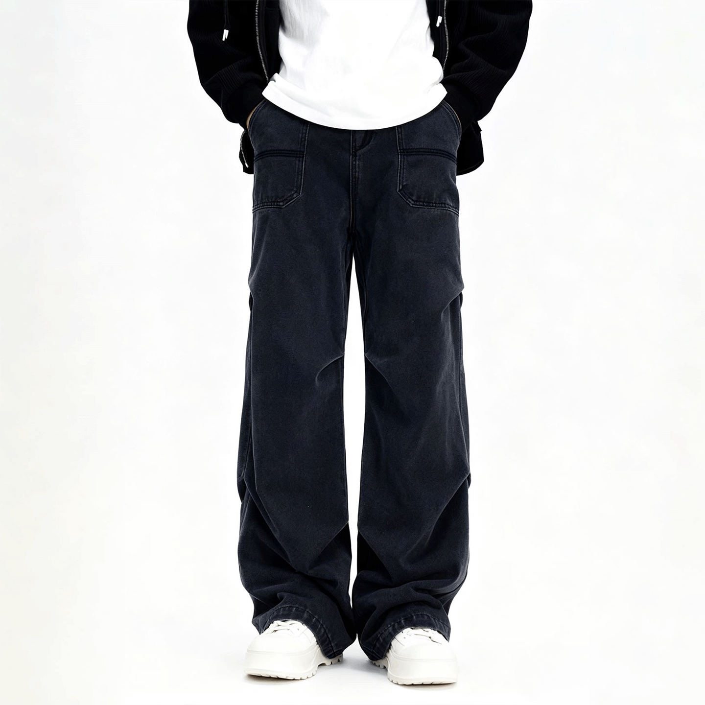 AWRB宽松阔腿褶皱牛仔裤男春秋季水洗深色口袋工装设计感休闲裤子