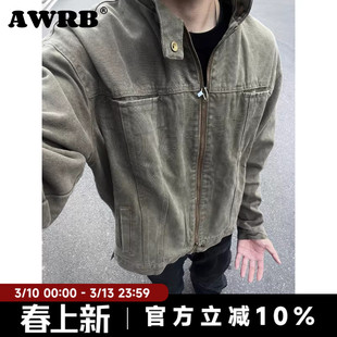 AWRB美式复古重磅立领工装外套男生秋季百搭休闲纯色哈灵顿夹克