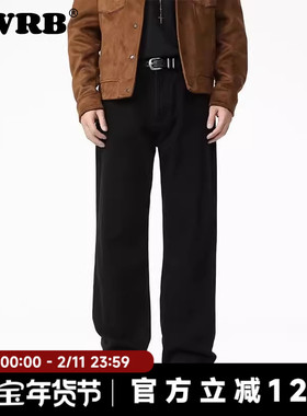 AWRB美式高街潮牌水洗牛仔裤男黑色加绒修身直筒百搭简约长裤