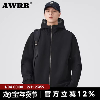 AWRB美式重磅连帽开衫卫衣春秋格子宽松外套慵懒风撞色休闲上衣