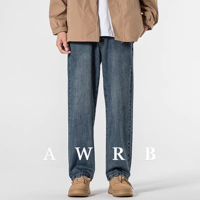 AWRB2024美式蓝色牛仔裤男士春秋款宽松直筒潮长裤子