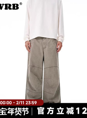 AWRB美式解构伐木伞兵工装休闲裤男款潮牌宽松直筒阔腿军绿色长裤