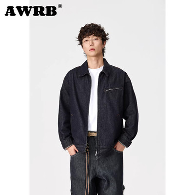 AWRB美式复古原牛短款牛仔夹克男春季新款辑明线翻领工装外套