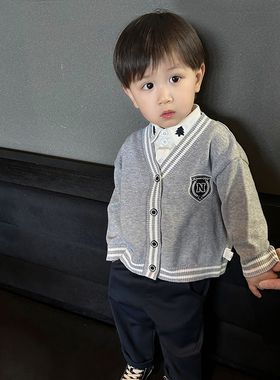 2024新款春秋男女童针织衫V领学院风外套儿童毛衣上衣春天开衫潮