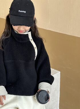 女童摇粒绒卫衣2026冬装新款儿童装大童秋冬款童装高领毛毛衣上衣