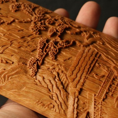 精品竹雕山水风光图老玉竹大茶则竹制雕刻小臂搁摆件文房器小把件