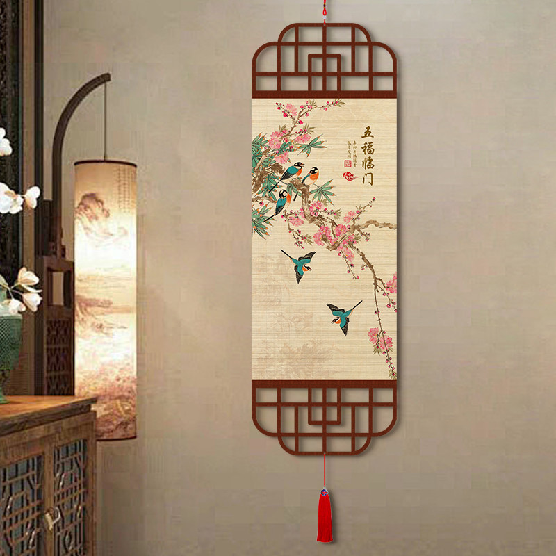 中式鸟语花香图竹编挂画玄关装饰画竹帘挂画茶室客厅书房竹帘画