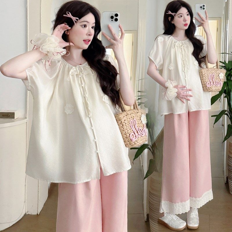 孕妇装夏装短袖衬衫夏季阔腿u裤2025新款孕妇套装时尚休闲两件套,孕妇装/孕产妇用品/营养,套装,淘宝优惠券,粉丝福利购,淘宝优惠卷