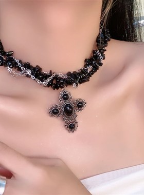 暗黑十字架碎石双层项链女复古锁骨链百搭高级感颈链时尚气质项饰