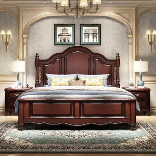 美式 实木床1.8米轻奢单双人床现代简约真皮1.5储物高箱主卧室婚床
