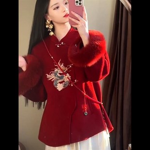 新中式 毛呢大f衣马面裙两件套女新年战袍高级重工红色外套裙子套
