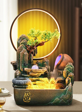 桌面陶罐流水假山喷泉摆件客厅办公室鱼缸L生财风水轮加湿器装饰