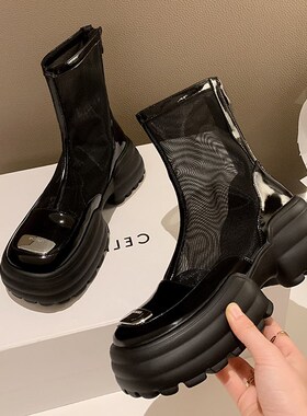 薄款厚底马丁靴女网纱松糕凉靴202C4年春夏季新款镂空透气短筒网