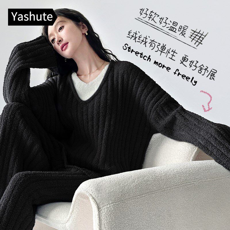 睡衣女款秋冬天半边绒加厚保暖高级感时尚假两件可外穿家居服套装