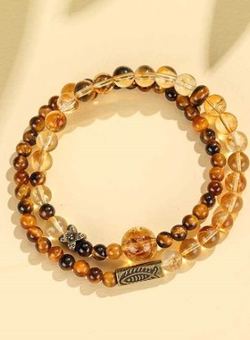 黄塔水晶锦鲤双圈串珠手链男女文艺复古民族风黄虎眼手串手饰