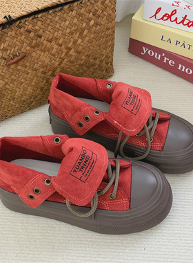 2023秋冬季新款l小众美式复古红色鞋子女鞋厚底帆布鞋高筒板鞋红