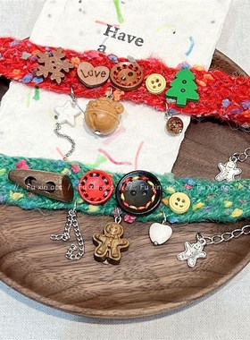 圣诞节可爱檀木姜饼人手链小巧精致实木铃铛吊坠手环时尚百搭手饰