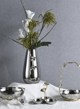 现代简约金属电镀银n花瓶不锈钢托盘果盘摆件餐厅桌面样板房装饰
