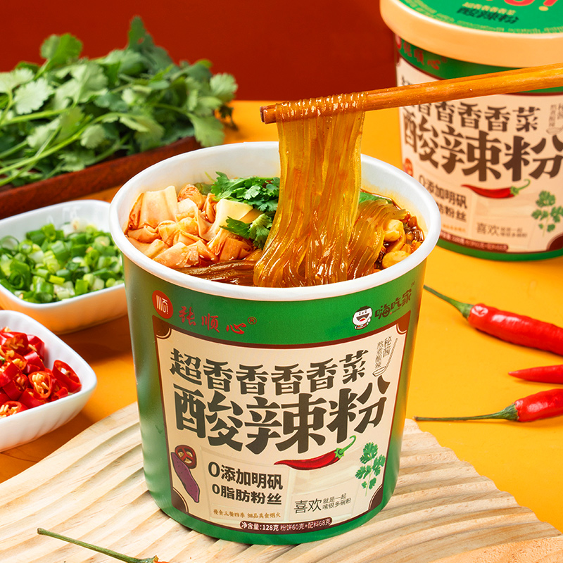 张顺心嗨吃家香菜酸辣粉128g*6桶米粉米线速食即食网红夜宵