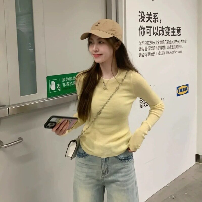 黄色套头针织打底衫女早春内搭休闲软糯修身显瘦长袖纯色纯欲