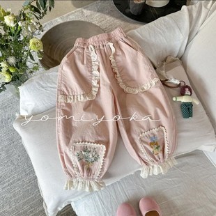 时尚 脚口刺绣百搭长裤 中小儿童韩版 裤 c25新款 女童休闲裤 春夏韩版