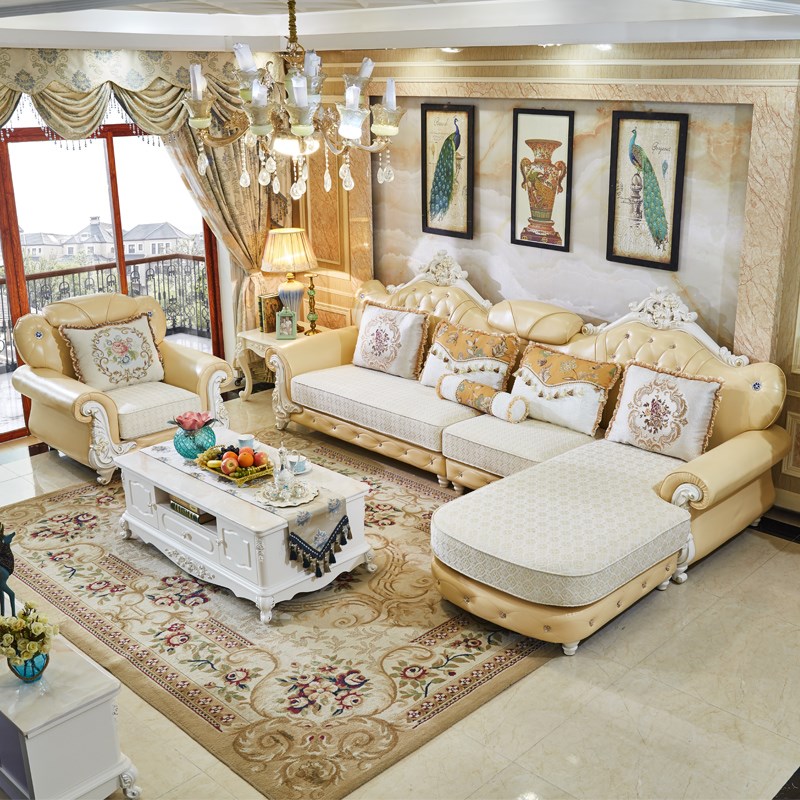 欧式沙发组合客厅简约转角L贵妃布艺皮艺款实木大小户型奢华沙发