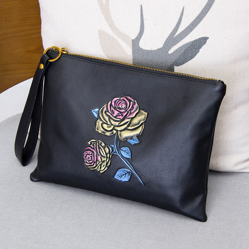 手包女手拿包2021新款时尚个性真皮手抓包女大容量韩版玫瑰花纹包