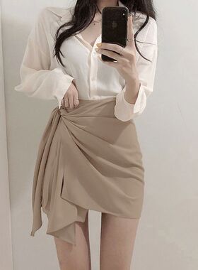 黑色不规则半身裙夏卡其色小个子包臀裹裙高腰辣妹短裙女夏天裙子