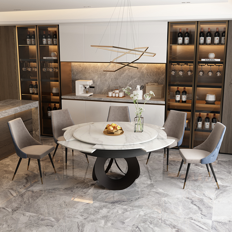 现代轻奢风岩板可变直径圆形餐桌多功能实木可伸缩折叠小户型家用