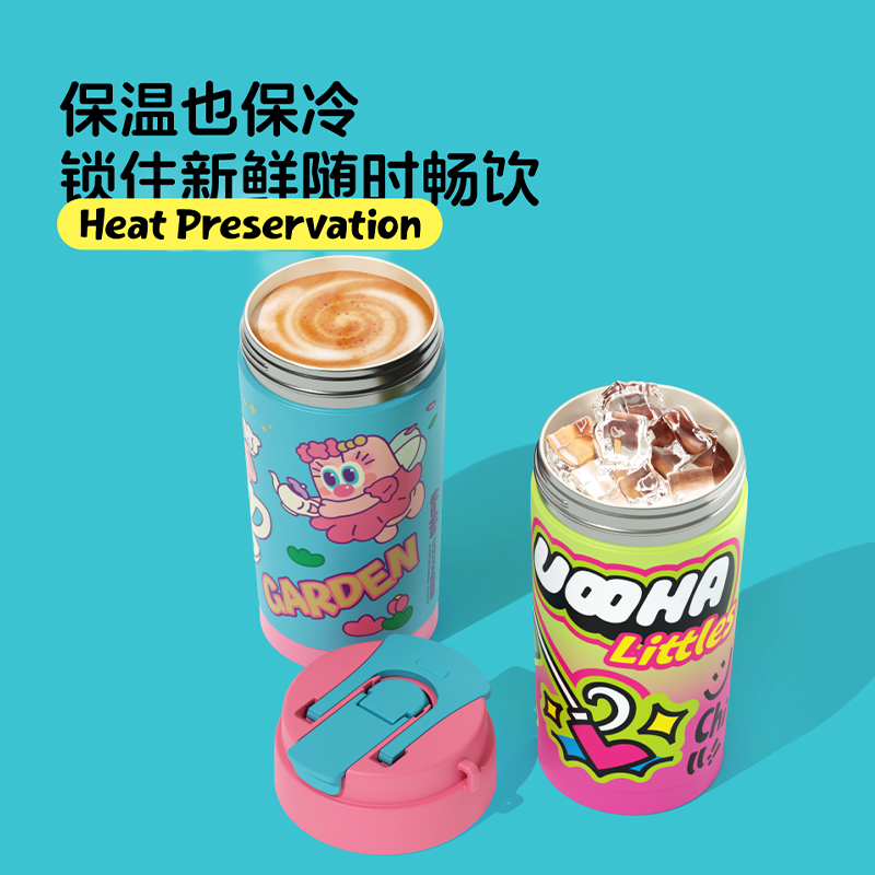 uooha多巴胺双饮咖啡杯陶瓷内胆保温杯儿童可爱便携吸管杯女水杯