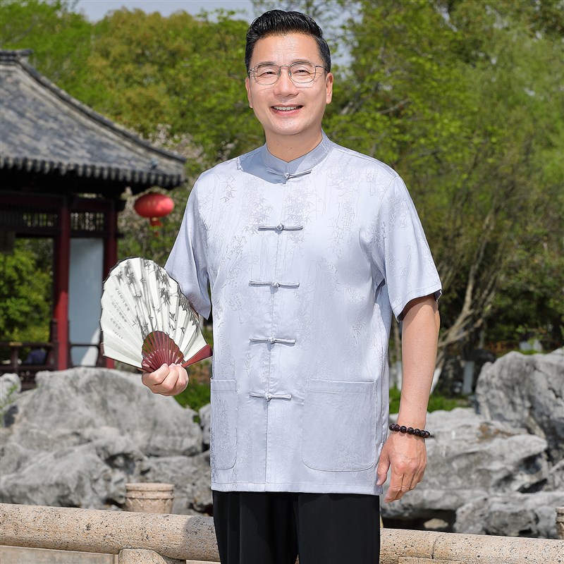 爸爸夏季套装新中式国风唐装男款中老年人爷爷短袖冰丝父亲节衣服