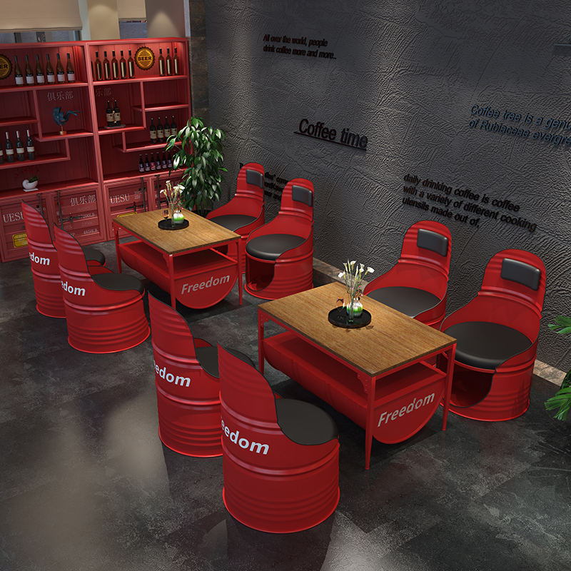 工业风创意油桶沙发酒吧桌椅烧烤奶茶店洽谈区铁艺卡座茶几组合