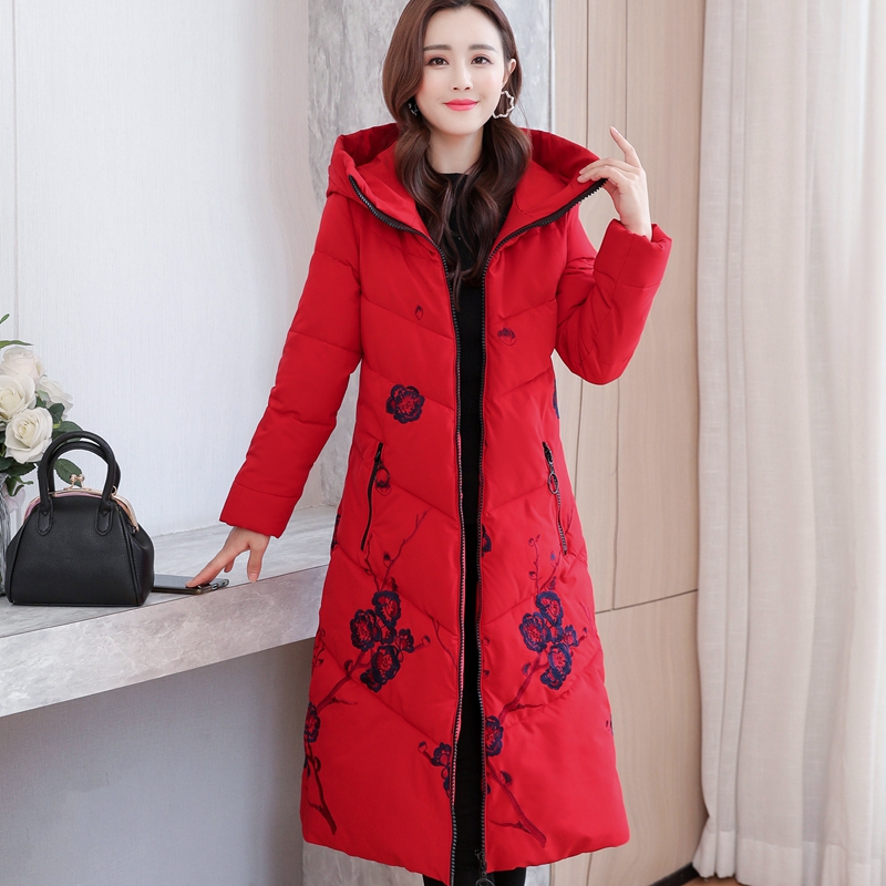 200斤胖子民族风刺绣羽绒棉服女冬新款加大码中长款过膝棉袄外套