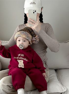 婴儿7衣服9男宝宝休闲8个月套装6秋冬外出服洋气童装加绒连帽卫衣